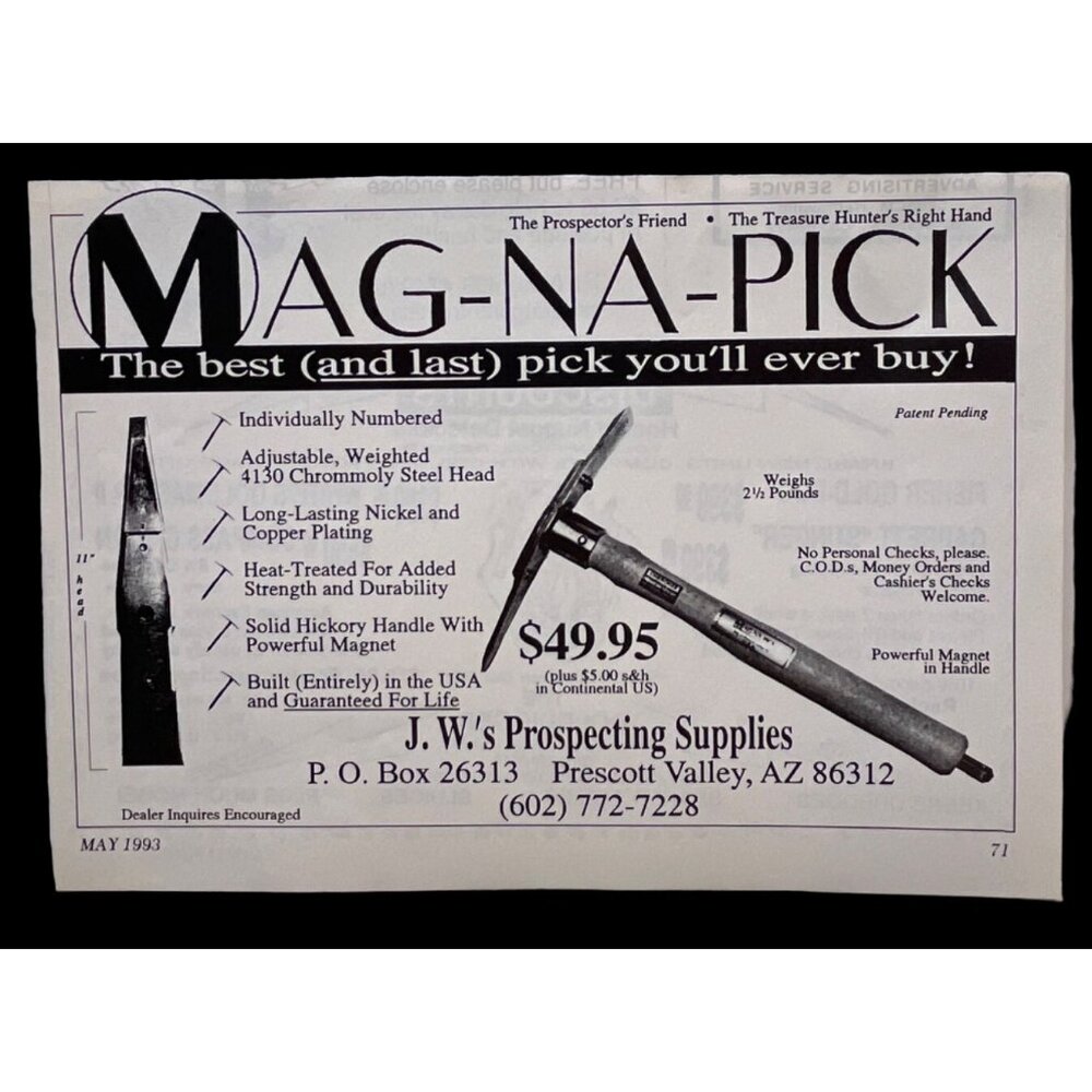 Mag Na Pick Print Ad Vintage 90s Gold JW Prospecting Supplies Prescott Valley AZ